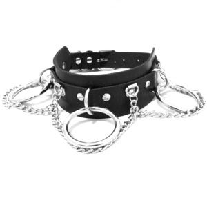 black faux leather O-ring & chain bondage collar